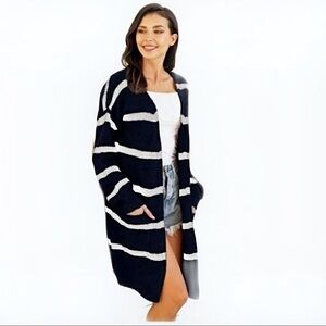 Navy & White Striped Long Cardigan Sweater